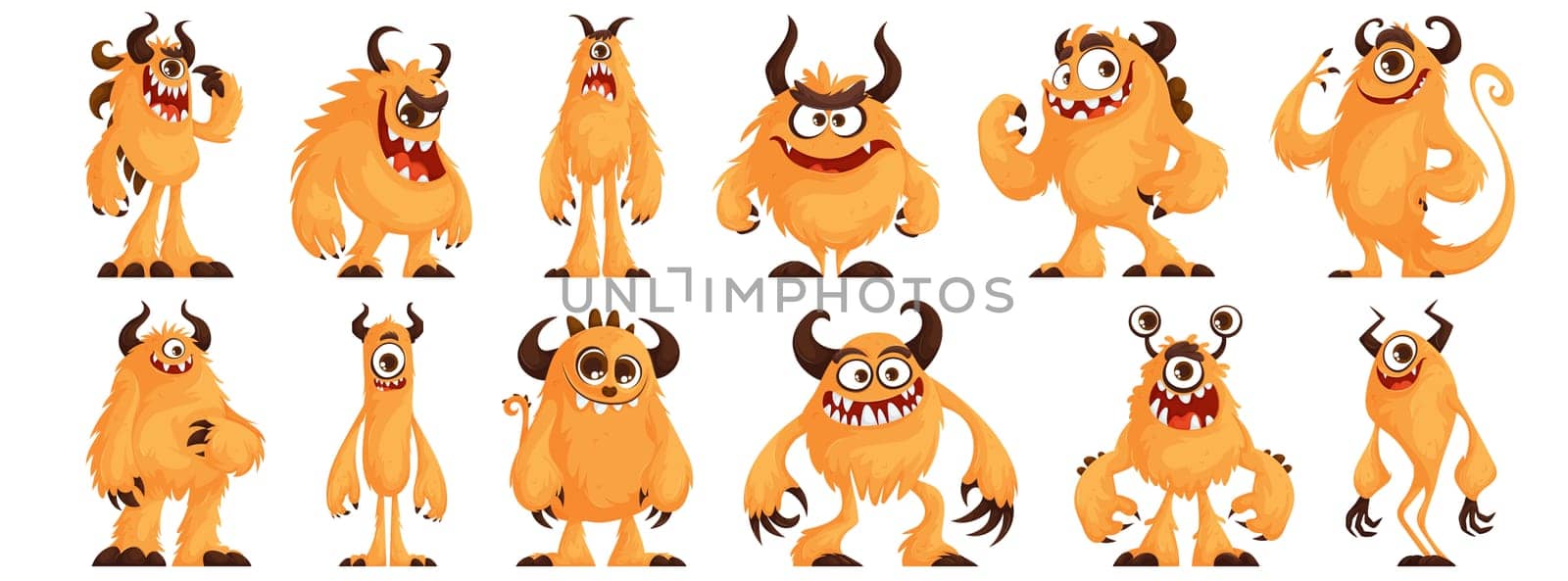 Set of orange furry monsters with cute, quirky, funny and evil emotion, funny and unique shape. Fluffy monster with horns posing. Cartoon vector.