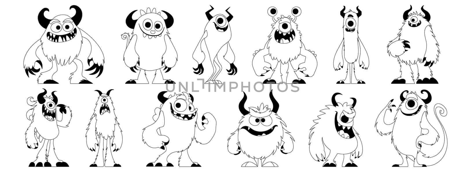 A set of furry monsters with cute, quirky, funny and evil emotions, funny and unique shapes. A furry monster with horns is posing. Strange creature. Black lines style.