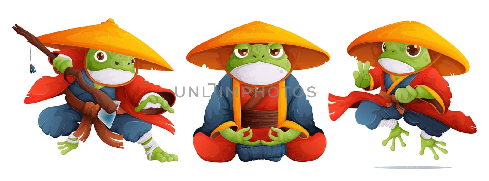 A set of three toads in the form of kung fu masters in a red and blue kimono and a yellow straw hat. A frog monk in a lotus position meditates, a green toad in a dynamic kung fu pose.