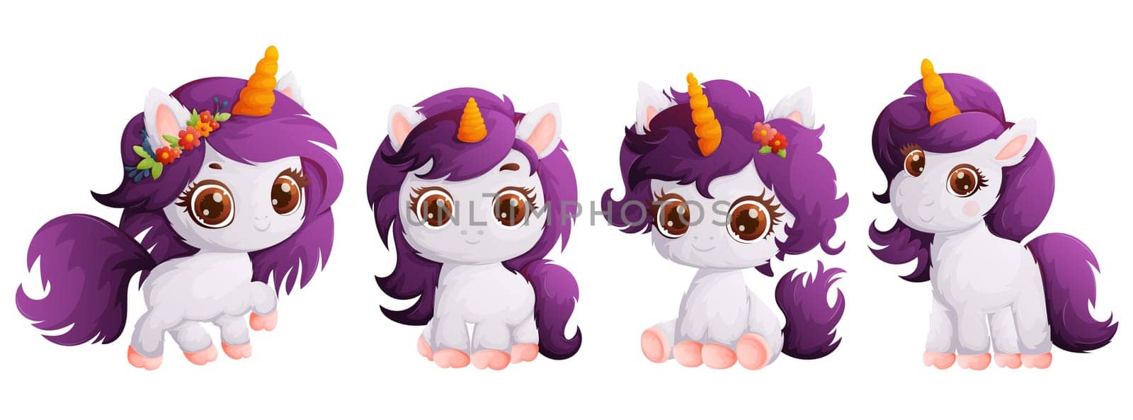 A set of four happy and cute milky unicorns with a purple mane. Pony with a yellow horn. Cartoon style