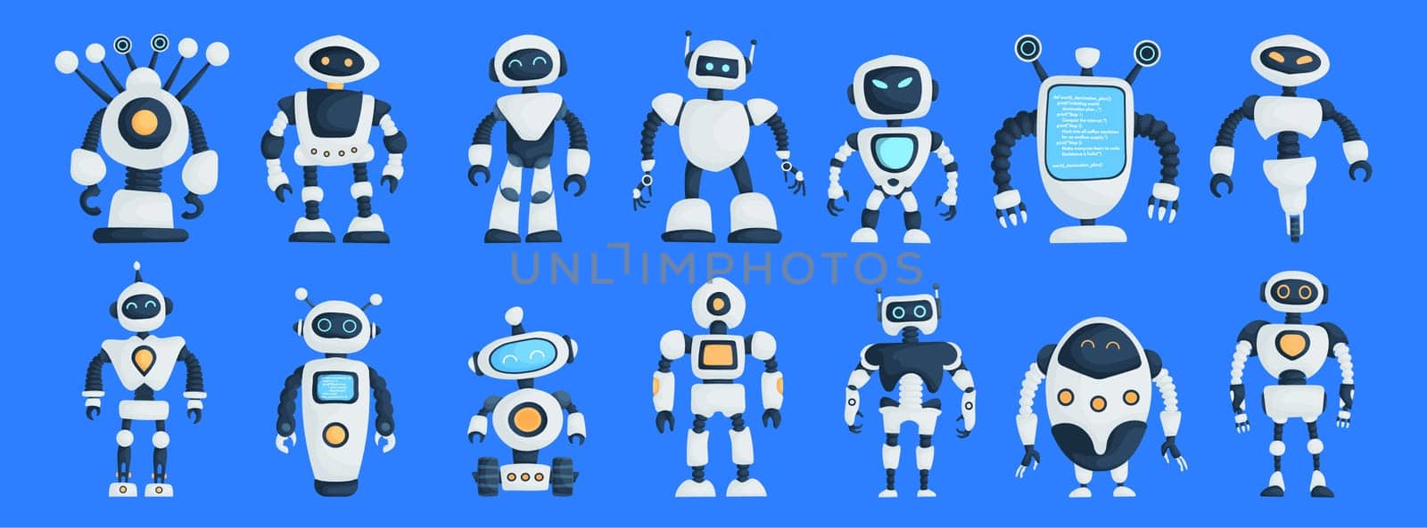 Big Set of Modern Robots Isolated on Blue Background Cute Character Cartoon Artificial Intelligence Concept