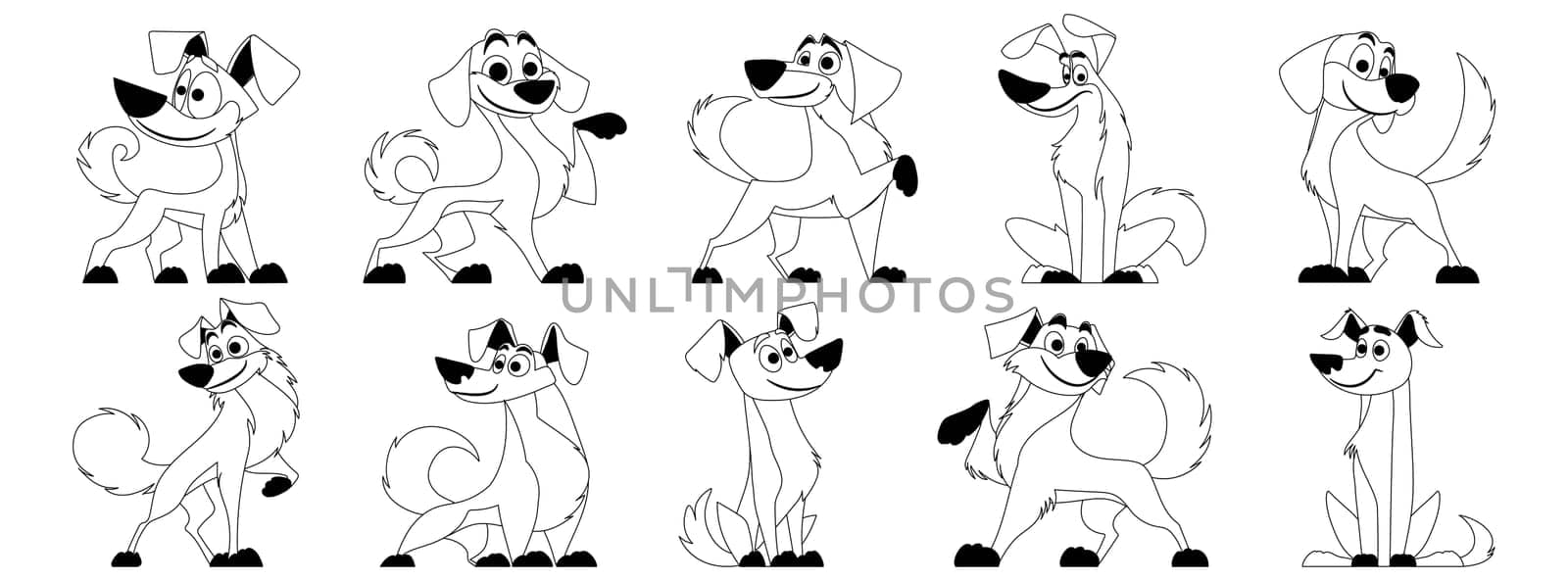 Cute dogs vector set Black linear style. Dog or puppy characters create a collection of flat color in different poses.