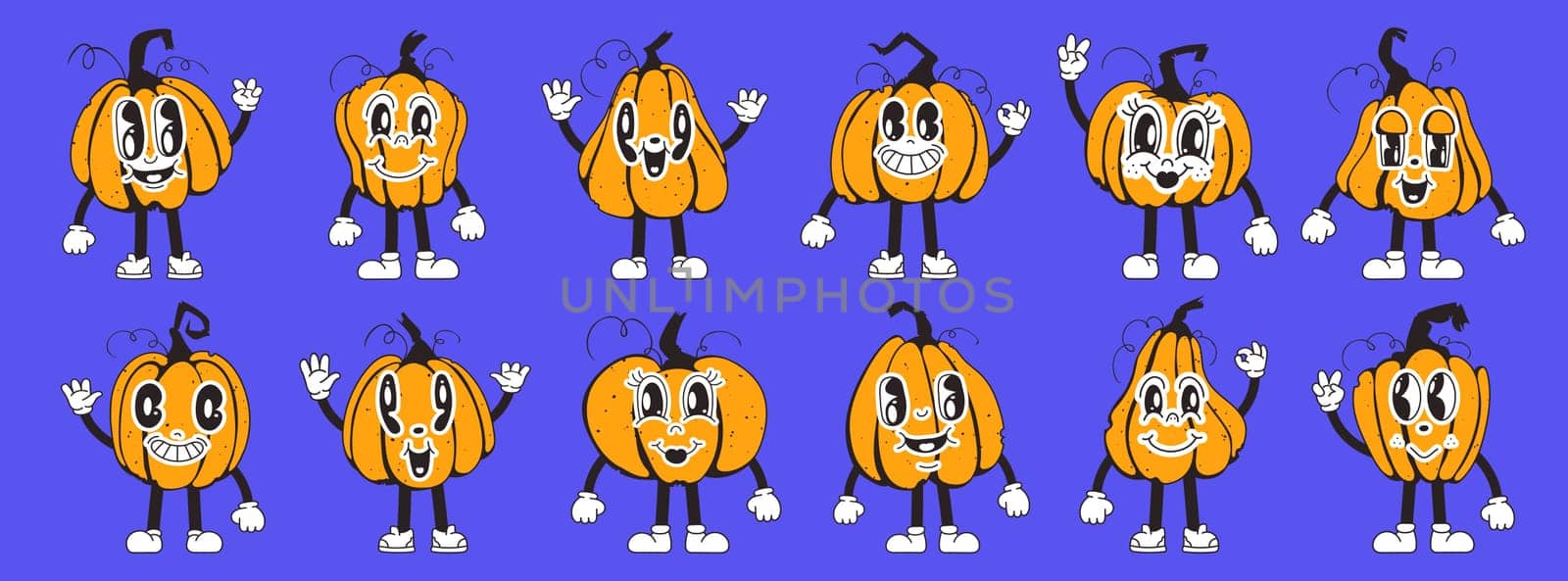 Set of pumpkin characters, orange, in retro cartoon style. Squash characters in 90s style. Autumn thanksgiving and halloween pumpkins collection