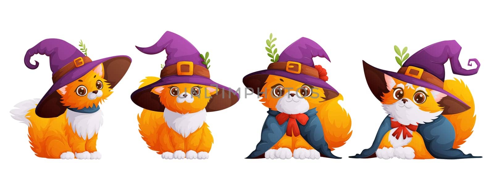 A set of four happy and cute cats with a purple witch hat on their head. Halloween theme, kitten in a magician's hat and mantle. Cartoon style