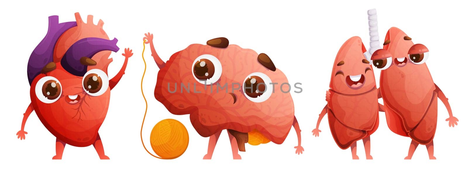 Set of human organs characters in cartoon style. A welcoming waving heart.