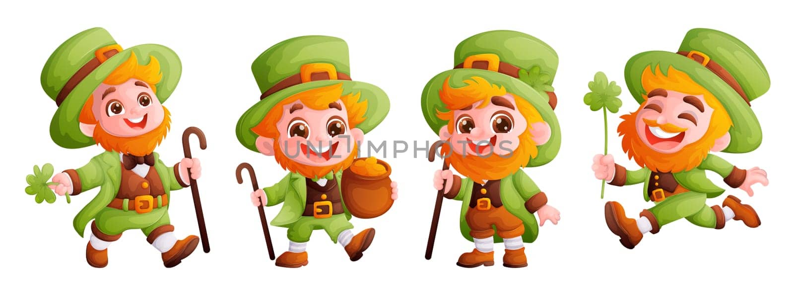 Set of four happy and cute leprechauns in a green suit. A red-haired boy with a beard, wearing a green conical hat. Symbol of the holiday Saint Patrick. Cartoon style