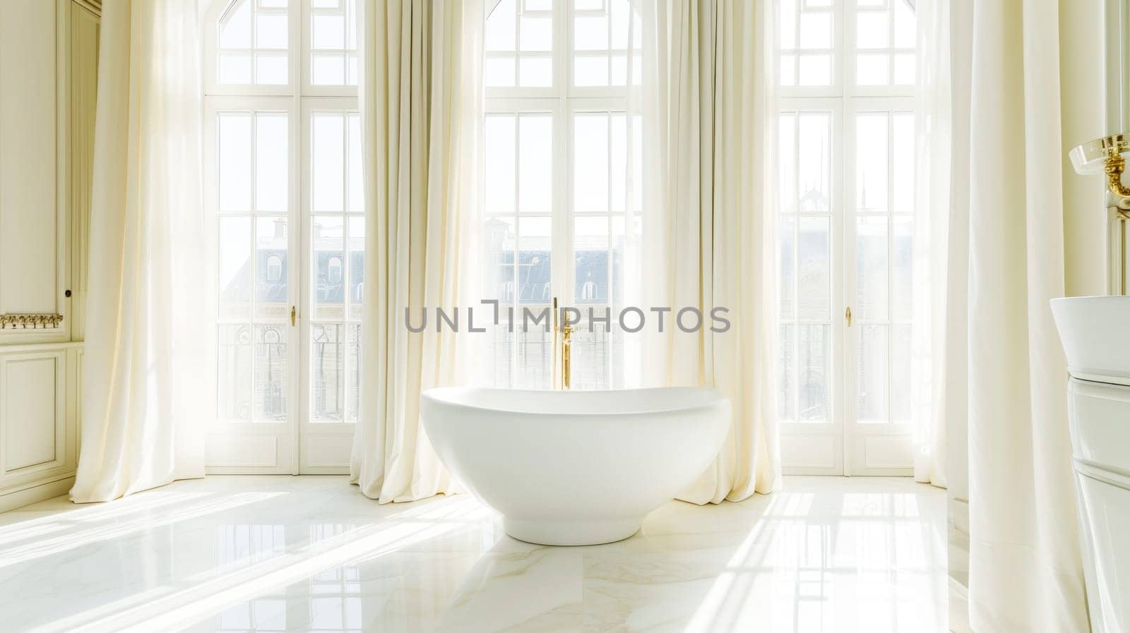 A white freestanding bathtub with golden fixtures in a bright bathroom with a large window and forest view.