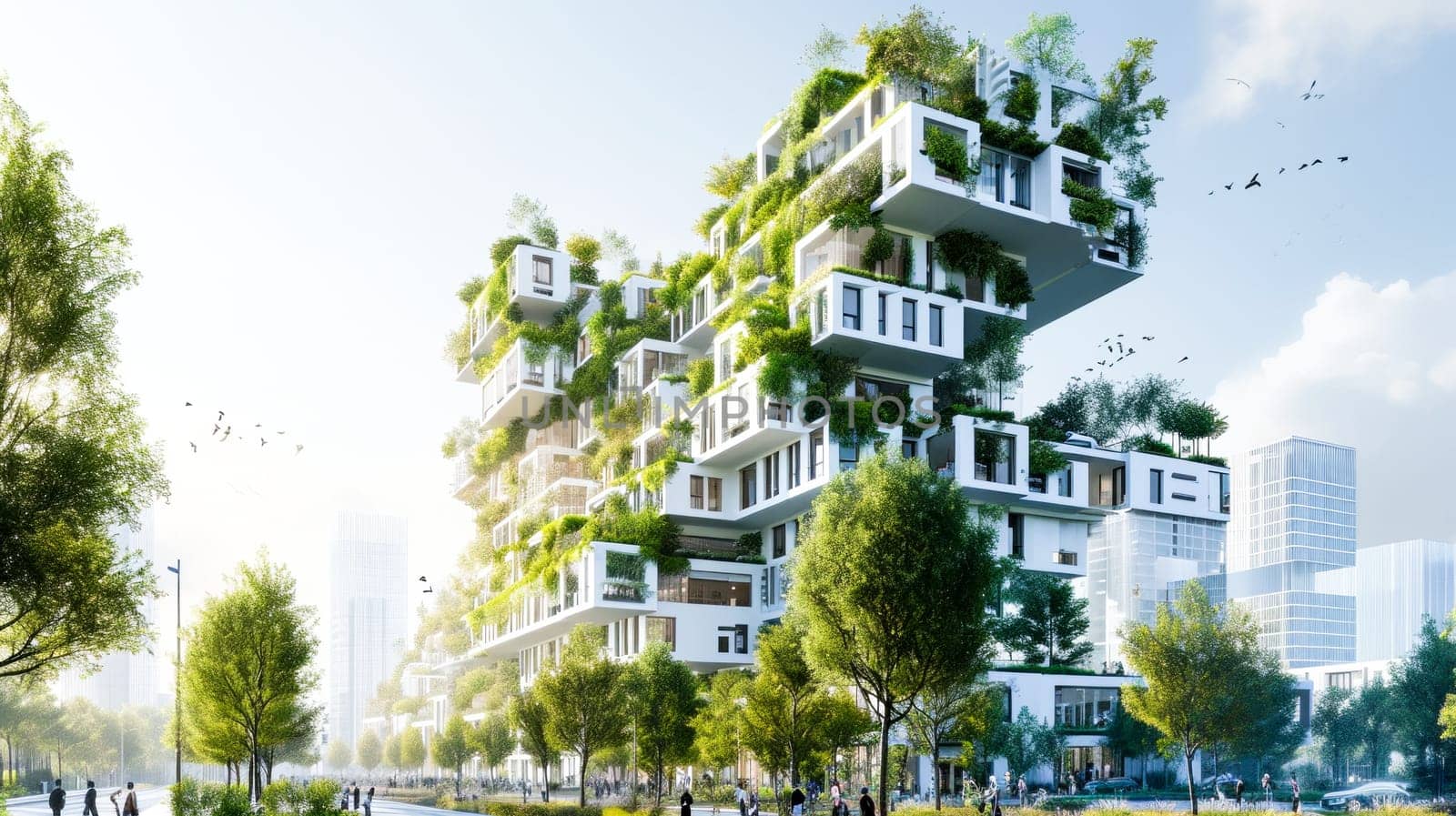 A modern, eco-friendly residential building with lush greenery, harmoniously combining nature with urban architecture.