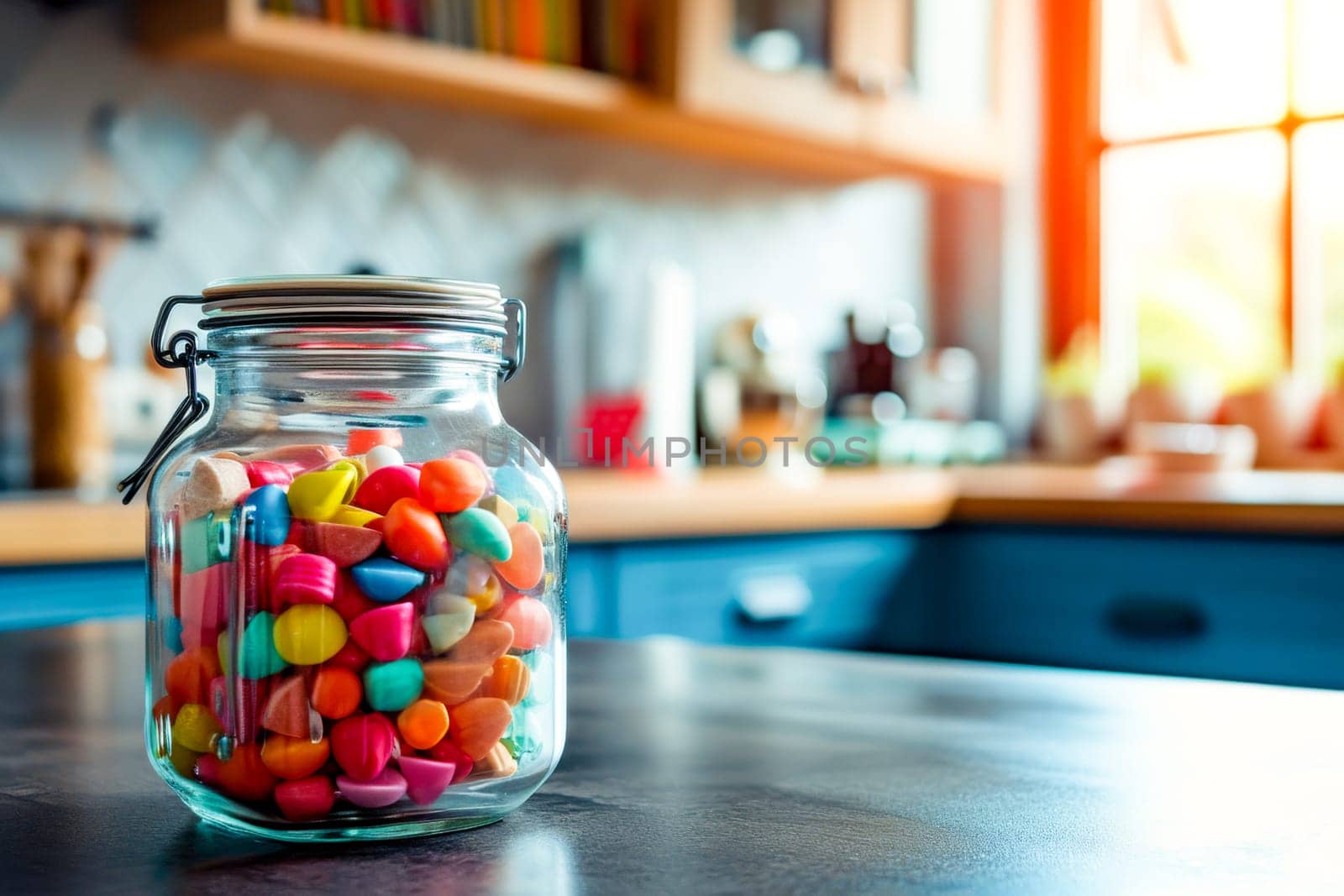 sweets in a glass jar on the table against the background of a blurred image of the kitchen
