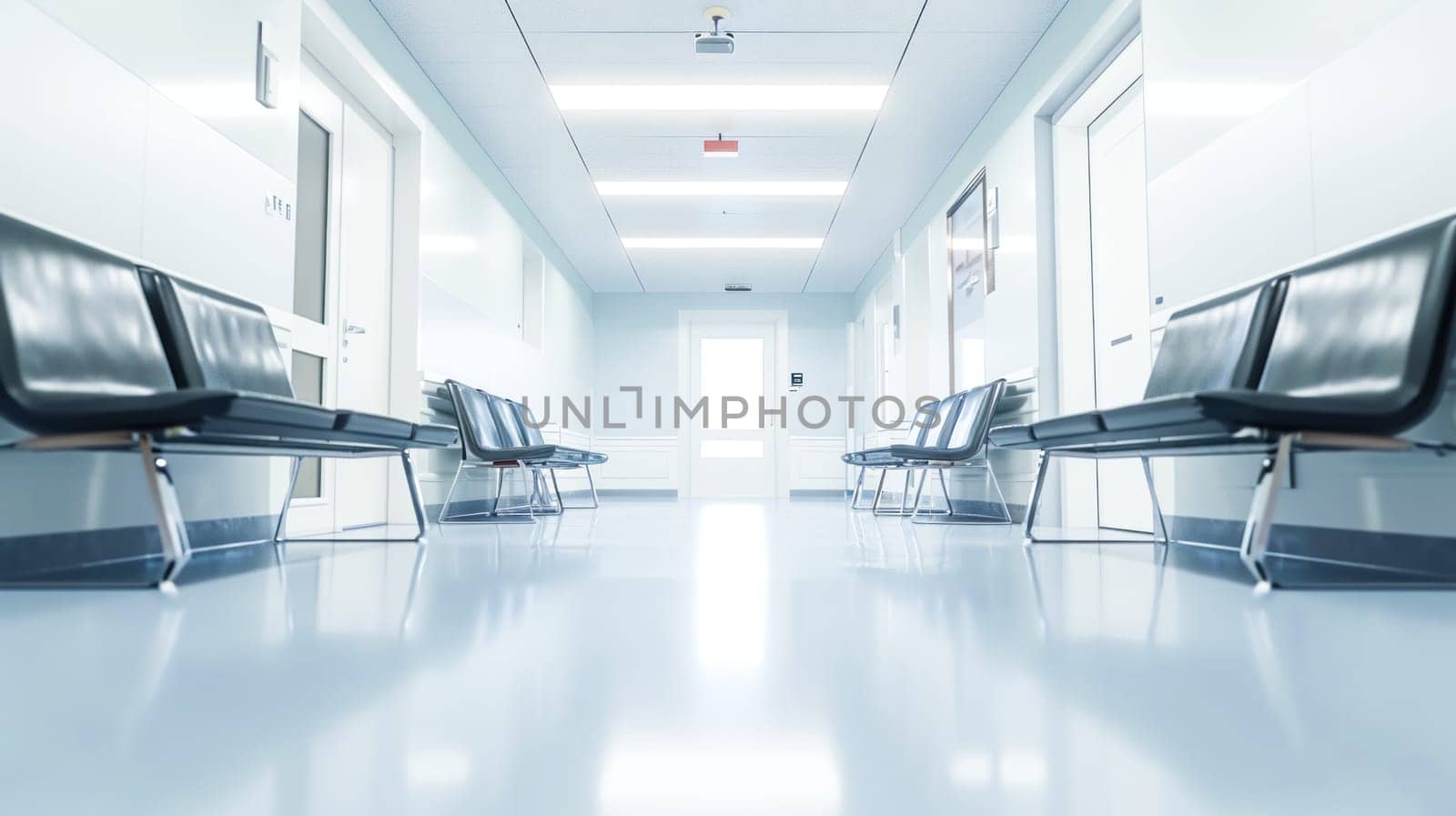 Brightly lit empty hospital corridor with a row of black chairs, reflecting floor, and closed doors. Spacious and with significant copy space.