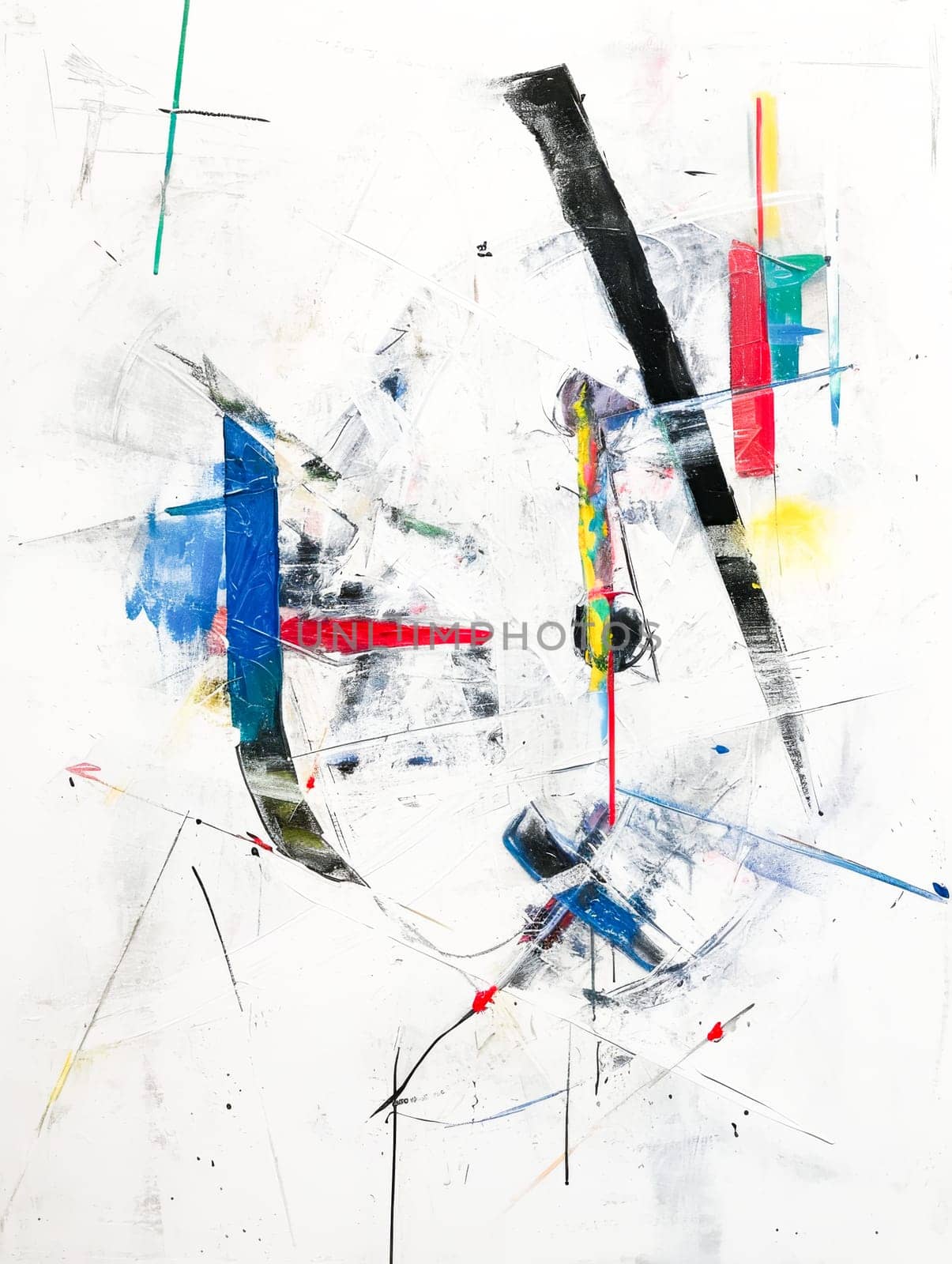A vivid abstract painting with energetic strokes and splashes of color on a white canvas, displaying contrast and movement.