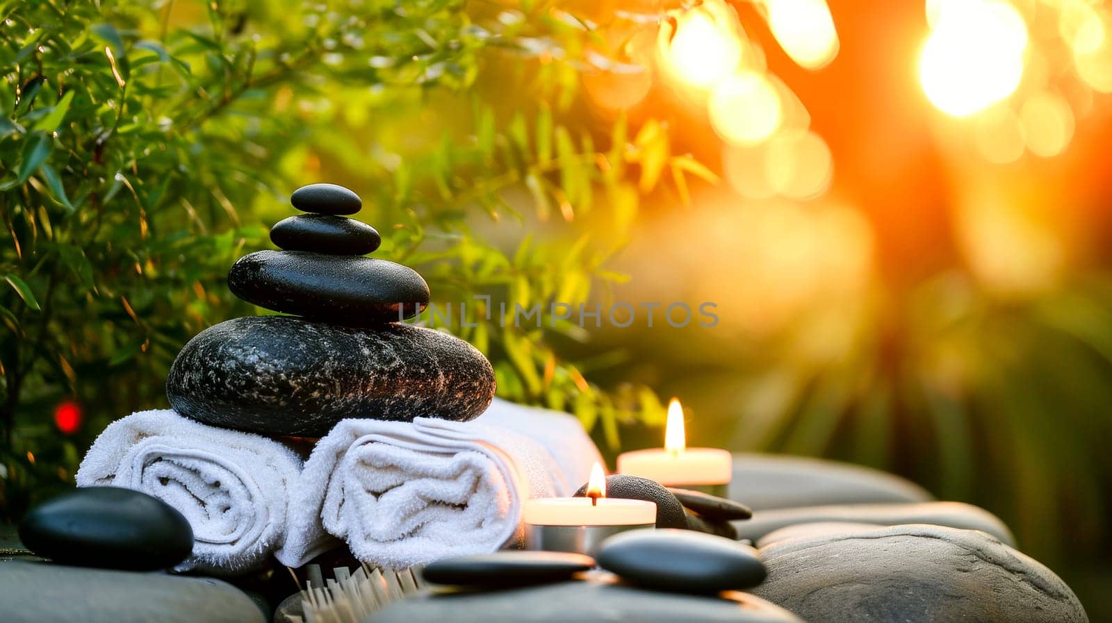 Stack of stones with towels on them and candles