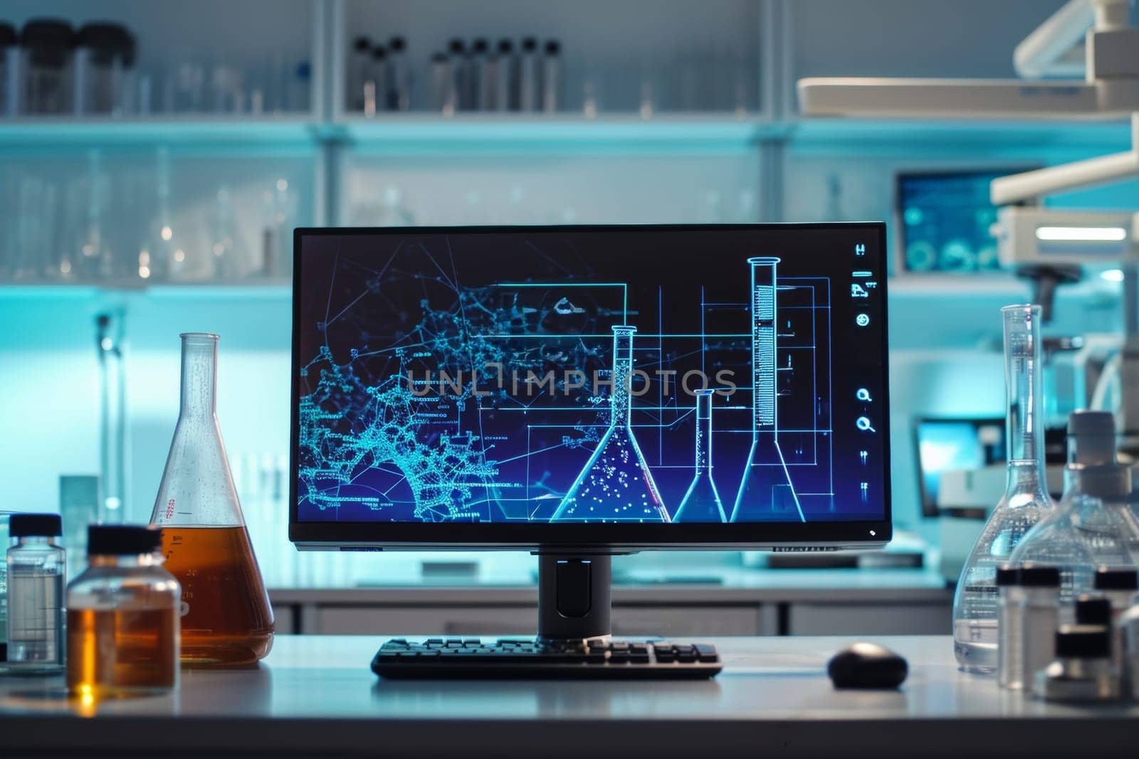 A computer monitor sitting on a desk in front of some bottles
