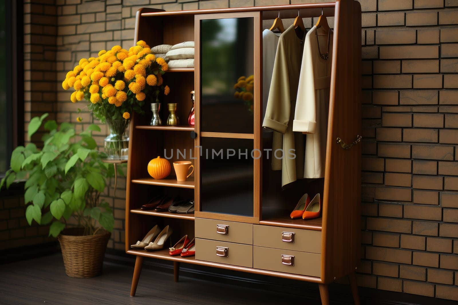 teak wood cupboard shelves with clothes professional photography