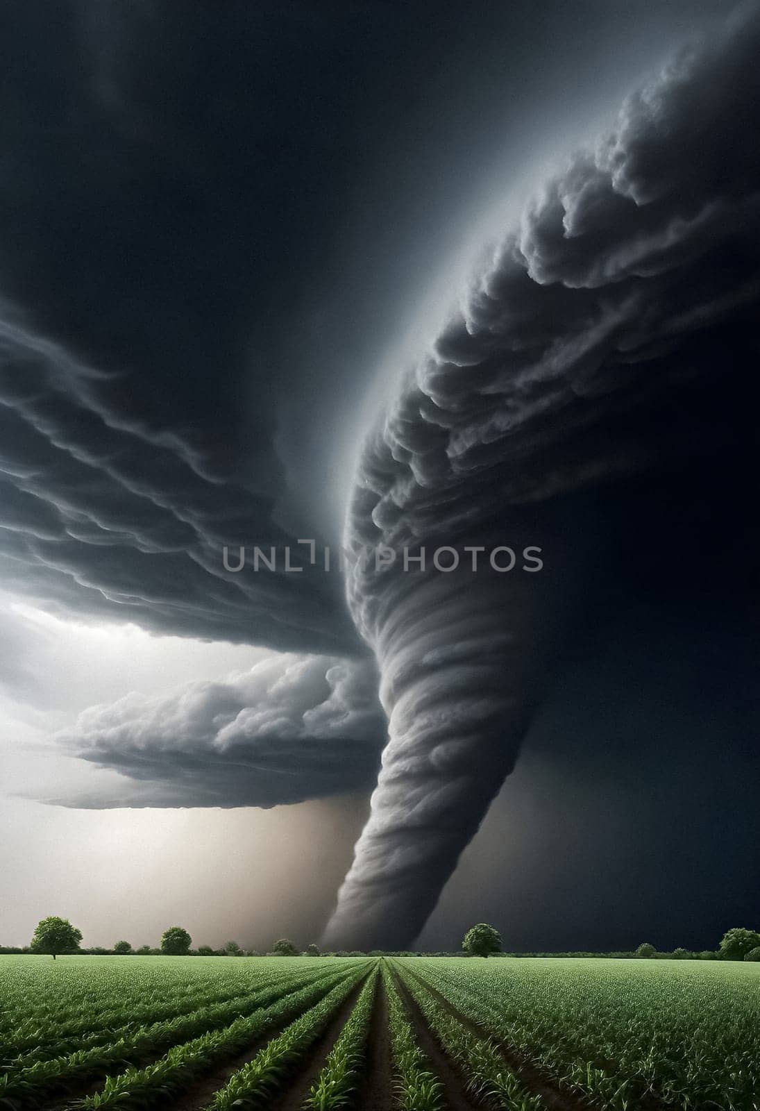 AI generated of a tornado is seen in the sky over a field
