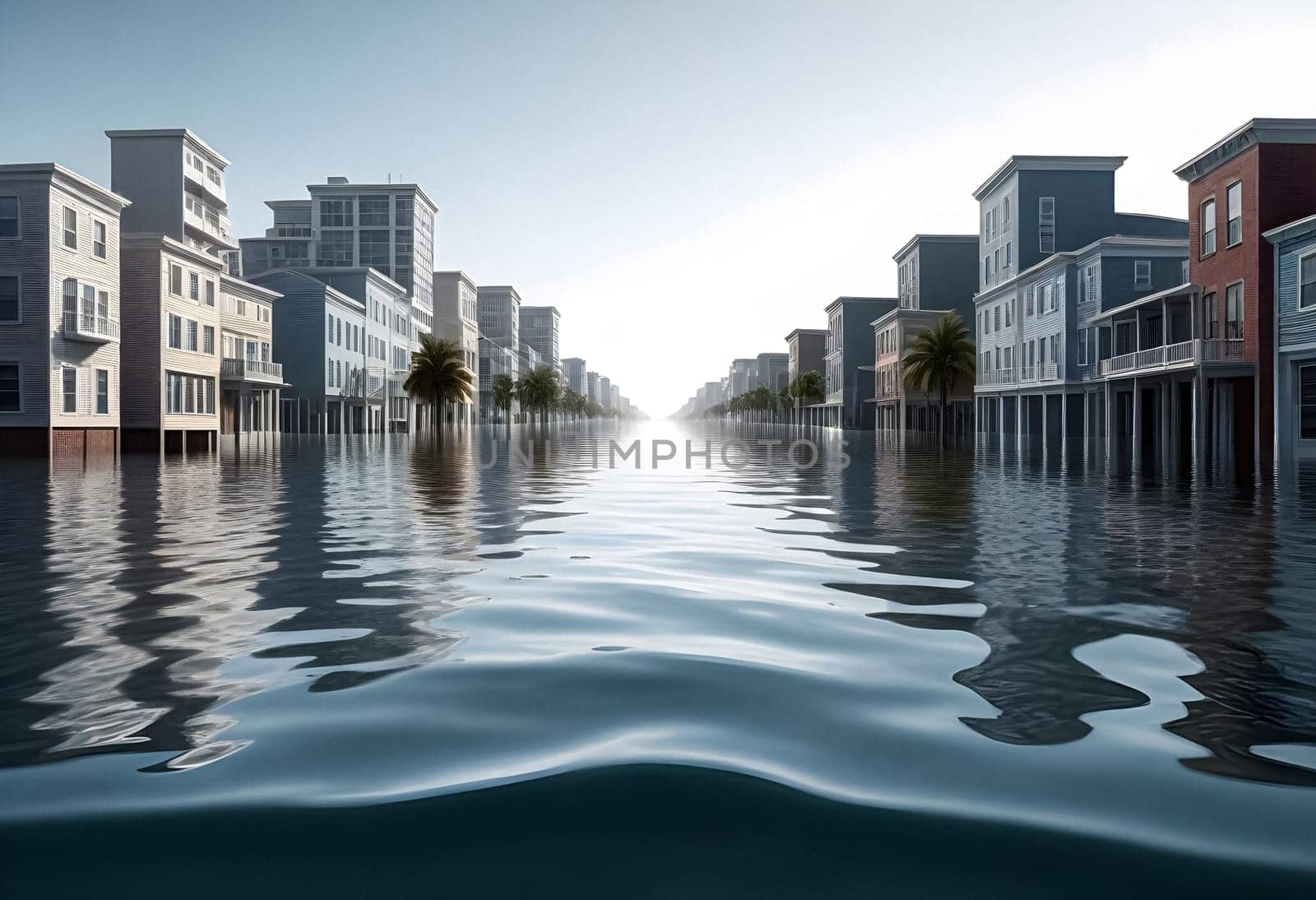 AI generated of a flooded street with buildings and water