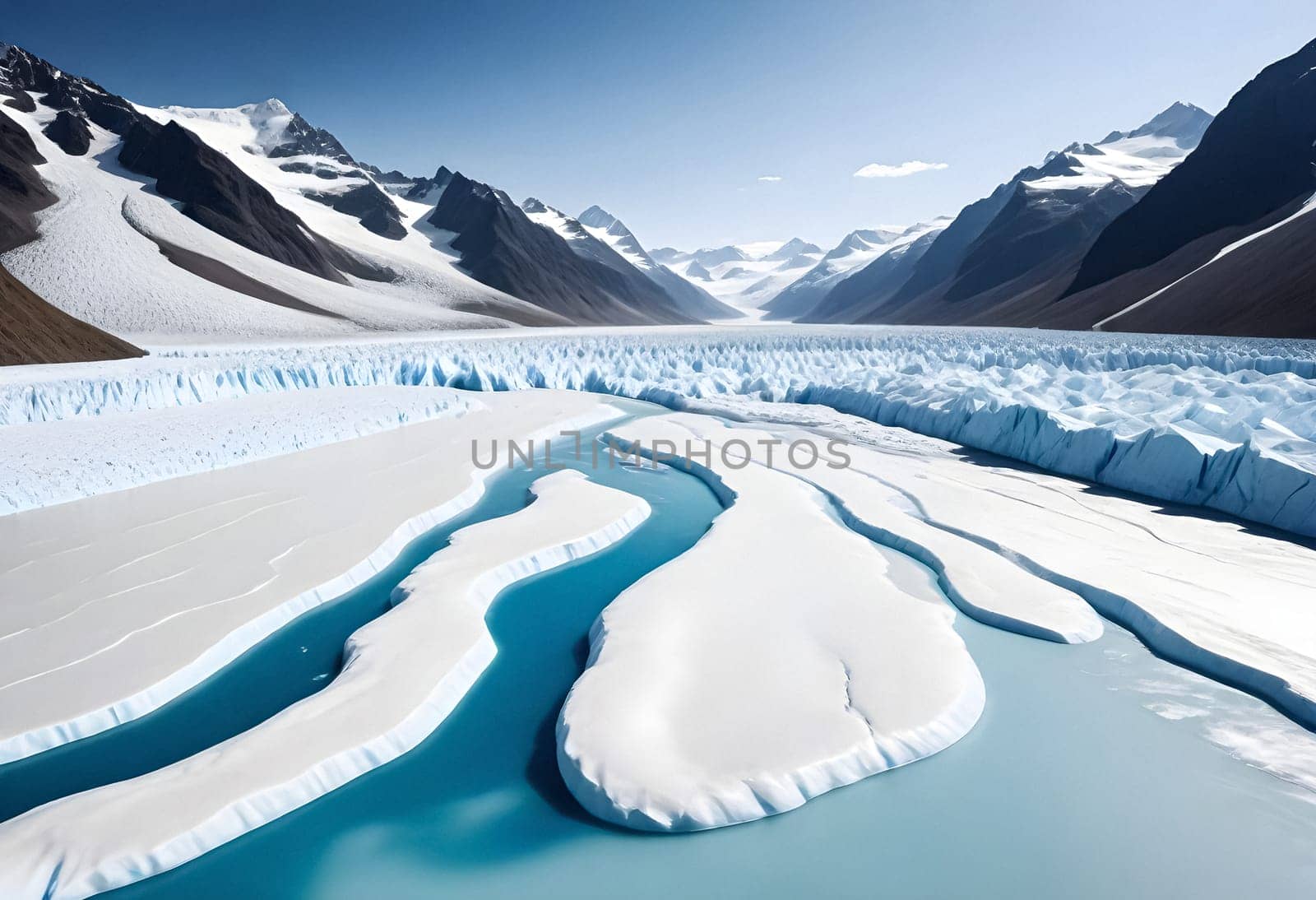 AI generated of a large glacier is surrounded by mountains