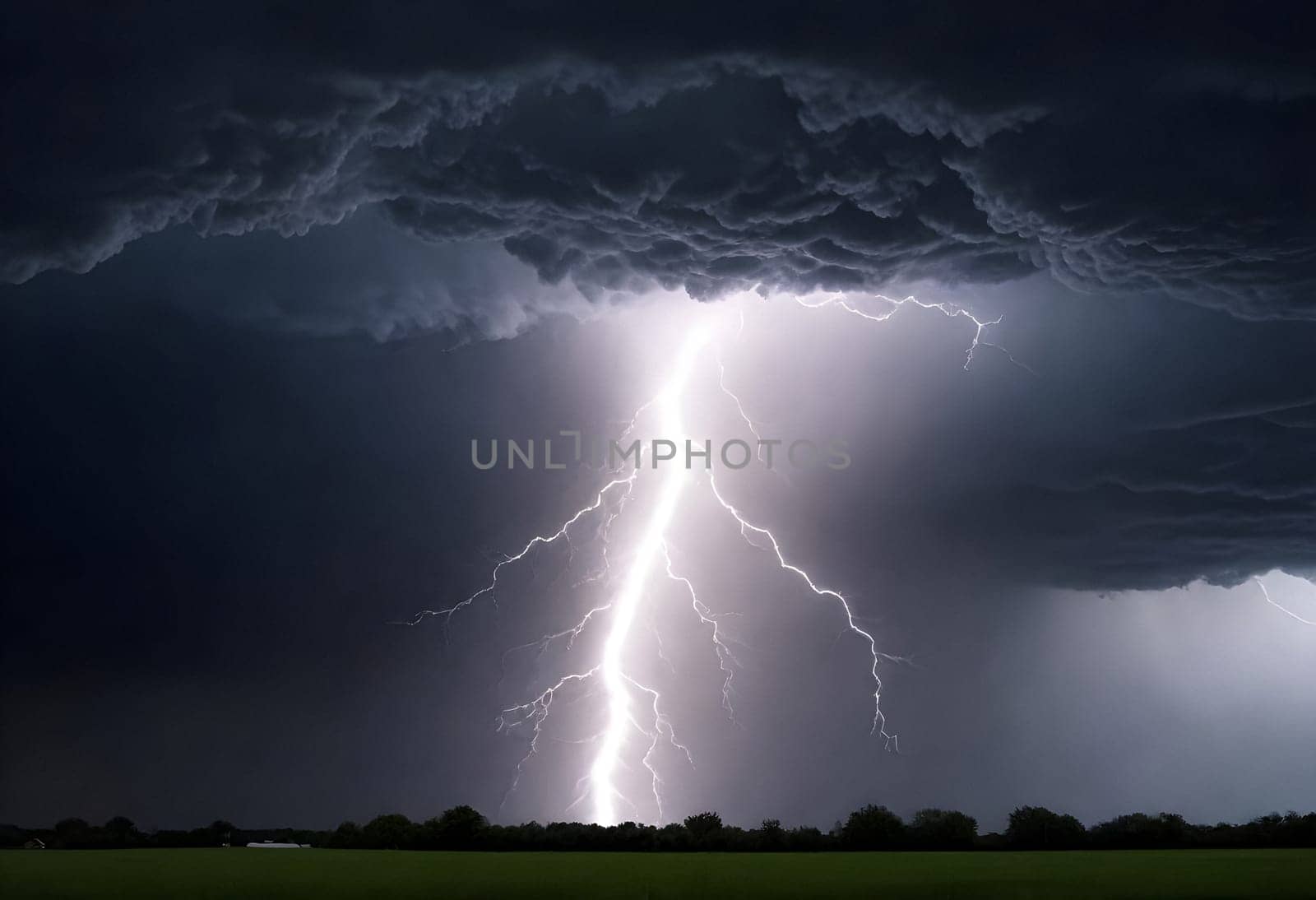 AI generated of lightning strikes over a field with dark clouds
