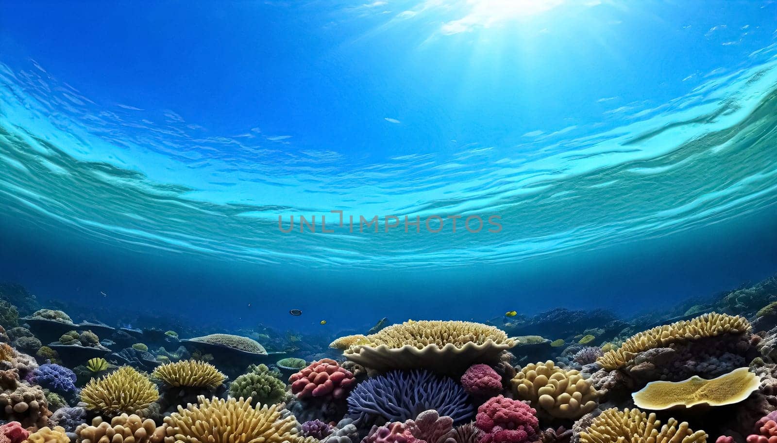 AI generated of a coral reef with a sunburst of light above it