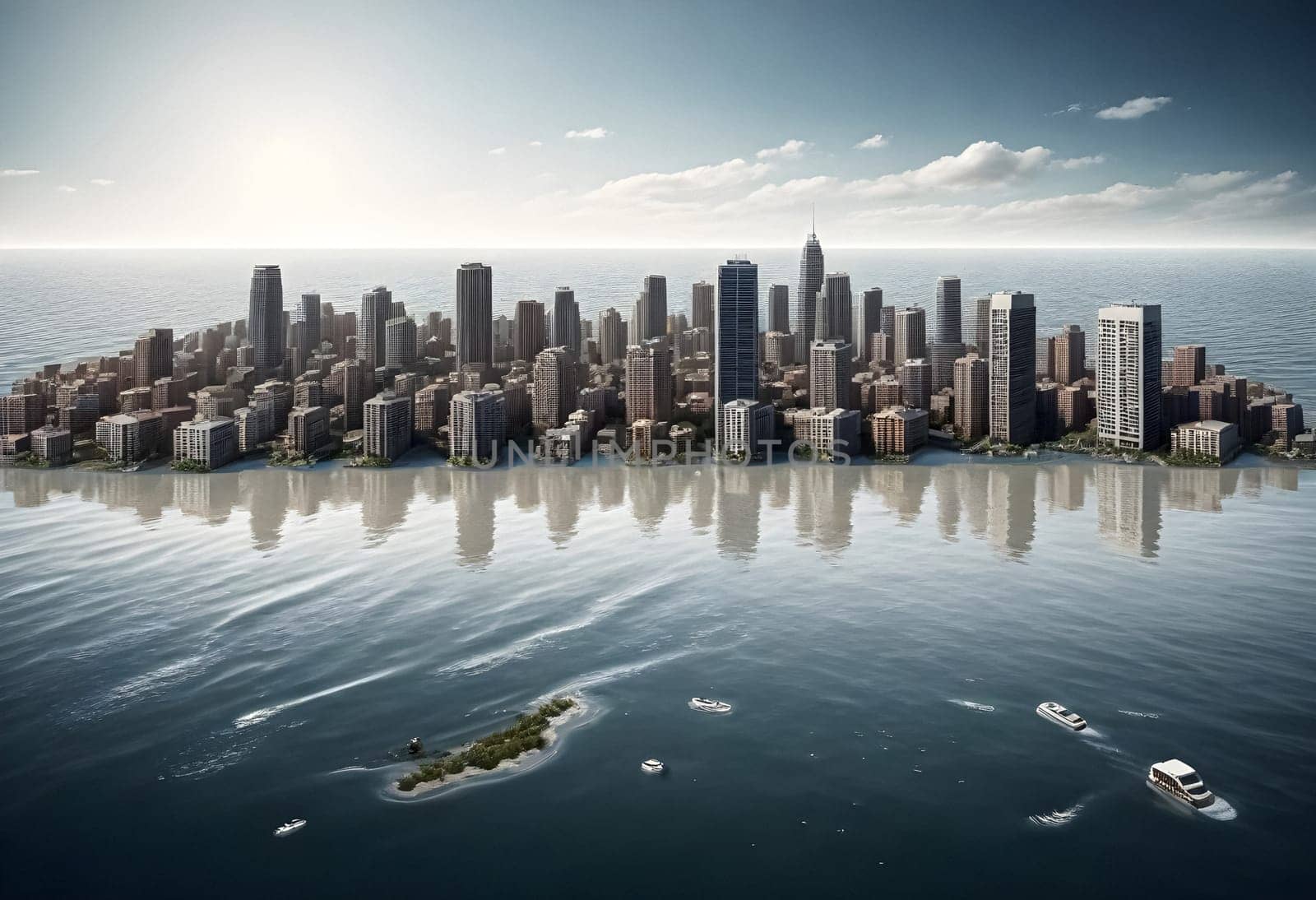 AI generated of a city floating in the water with a large island