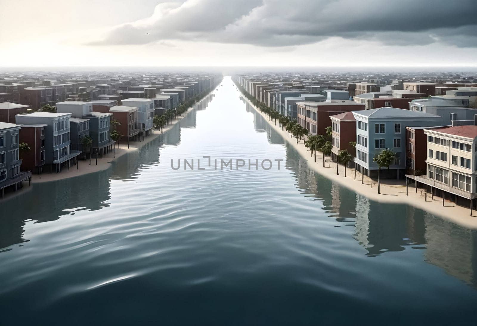 AI generated of a river runs through a city with buildings on both sides