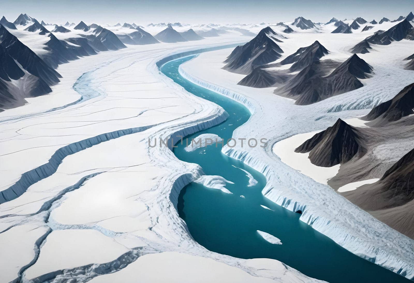 AI generated of a glacier with a blue river and mountains in the background