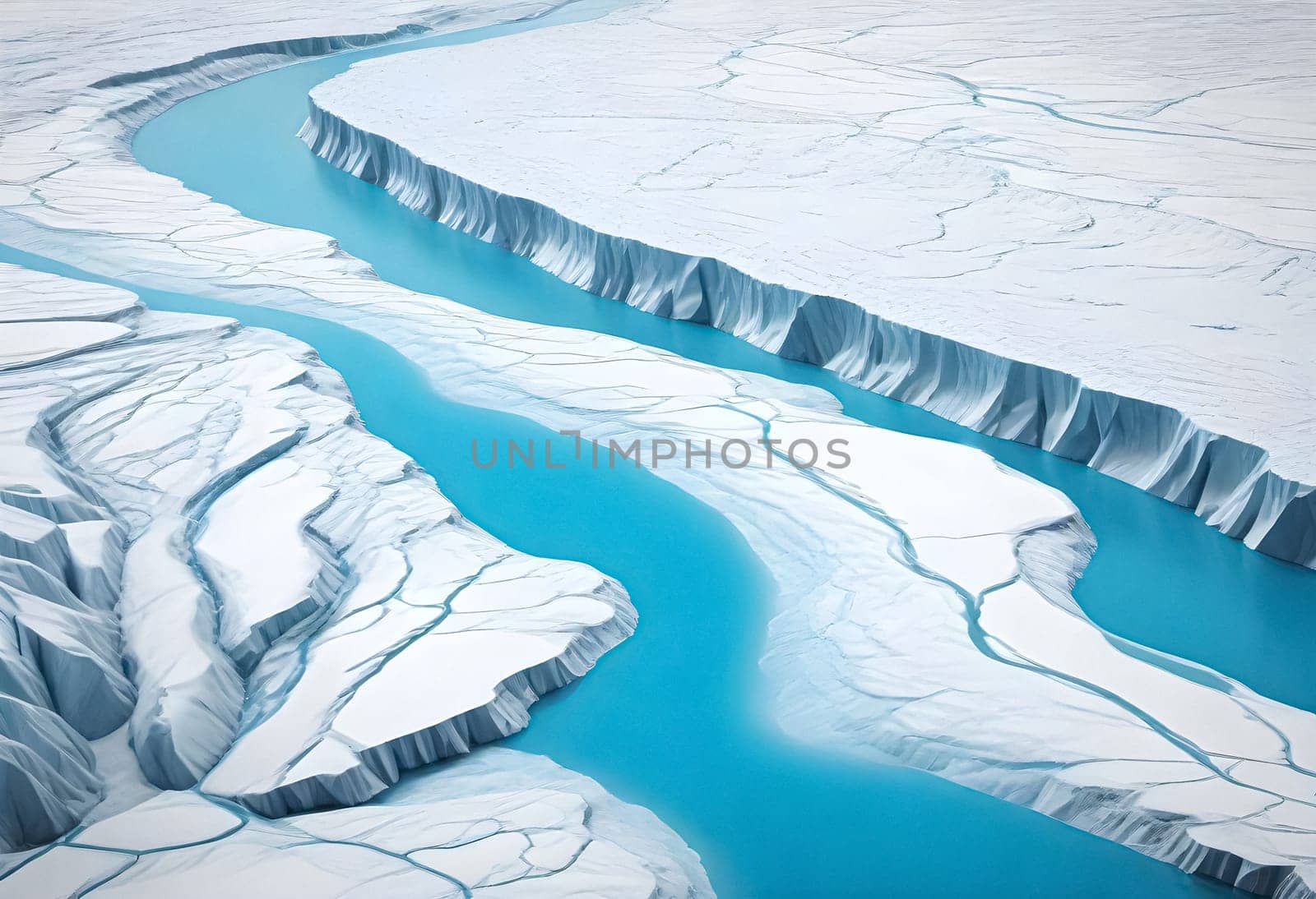 AI generated of a picture of a glacier with icebergs melted effect