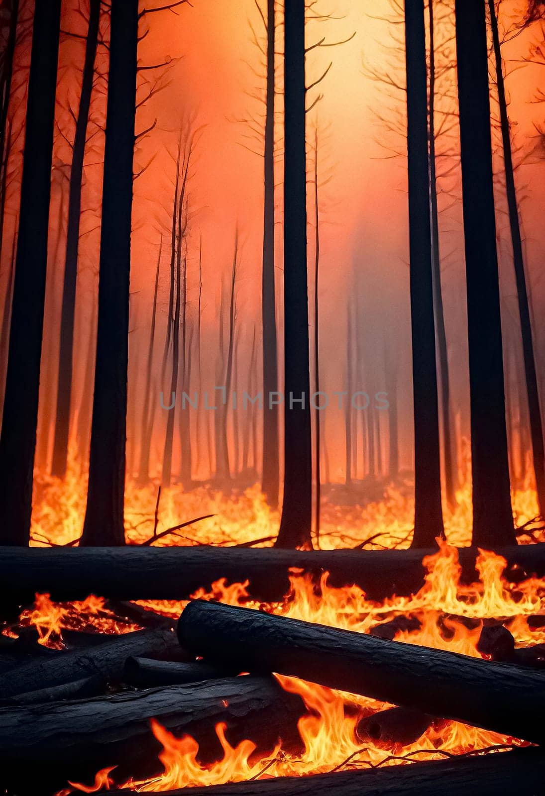 AI generated of a forest with a wild fire burning the forest in the background