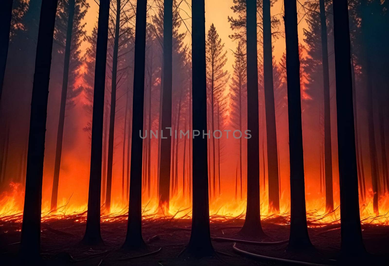AI generated of a forest with wild fire burning down the forest background