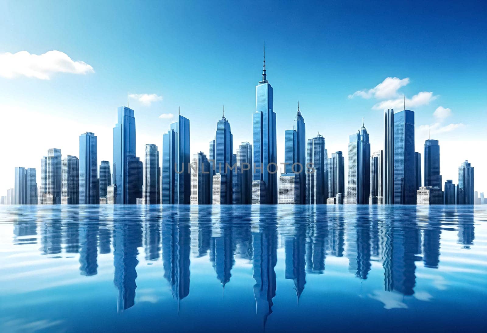 AI generated of a city with a reflection of the city in the water