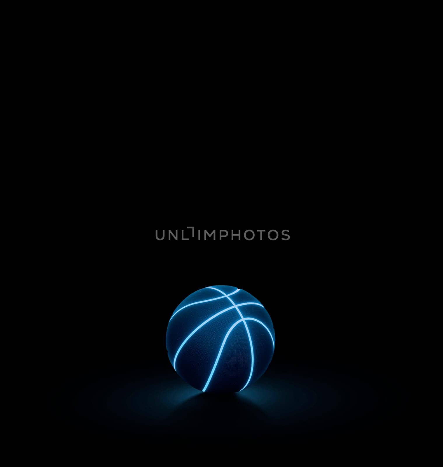 A black basketball ball has bright blue glowing neon lines on a black background.