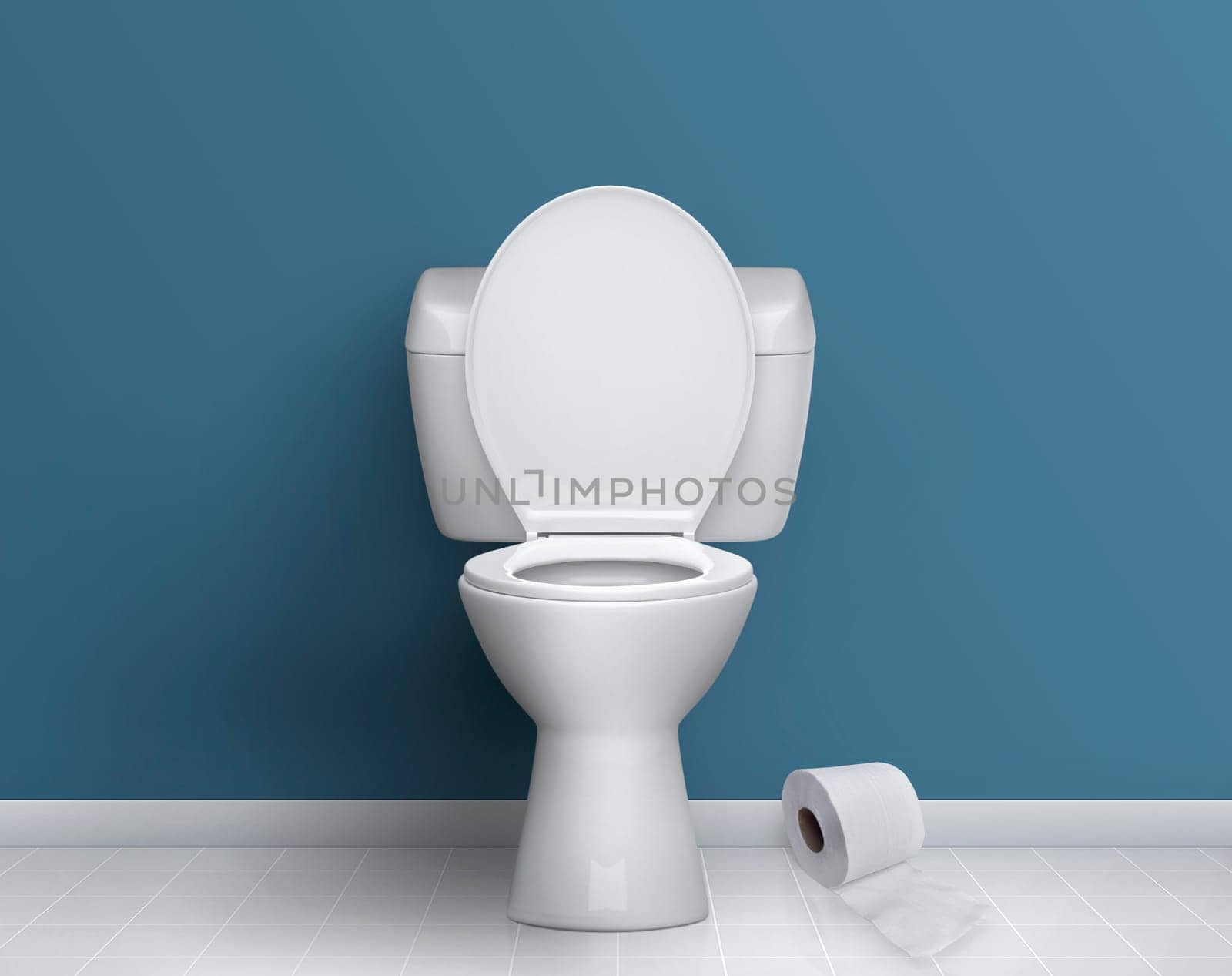 Ceramic toilet bowl and Toilet paper near blue wall