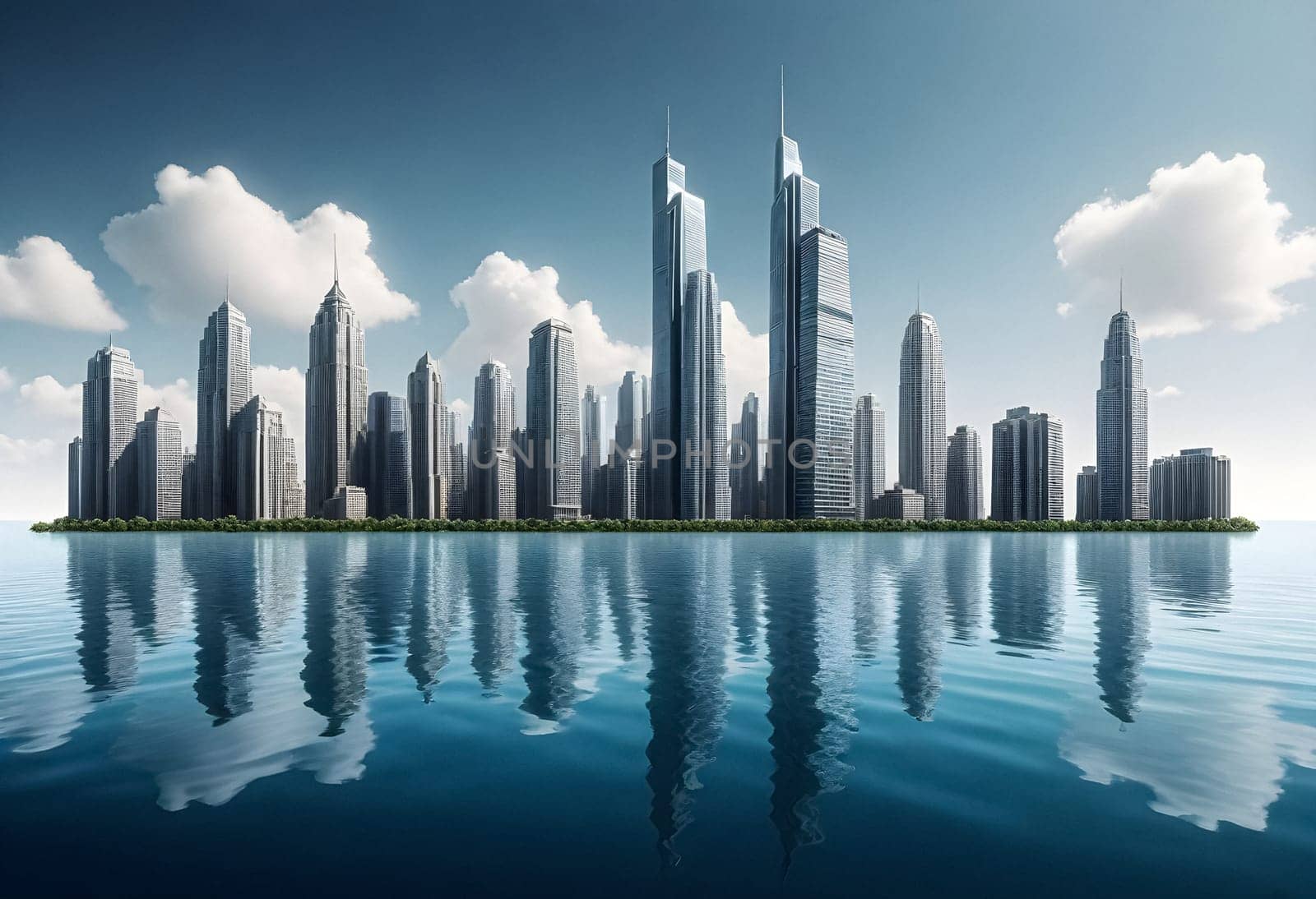 AI generated of a city skyline with a water high rising flood on the background