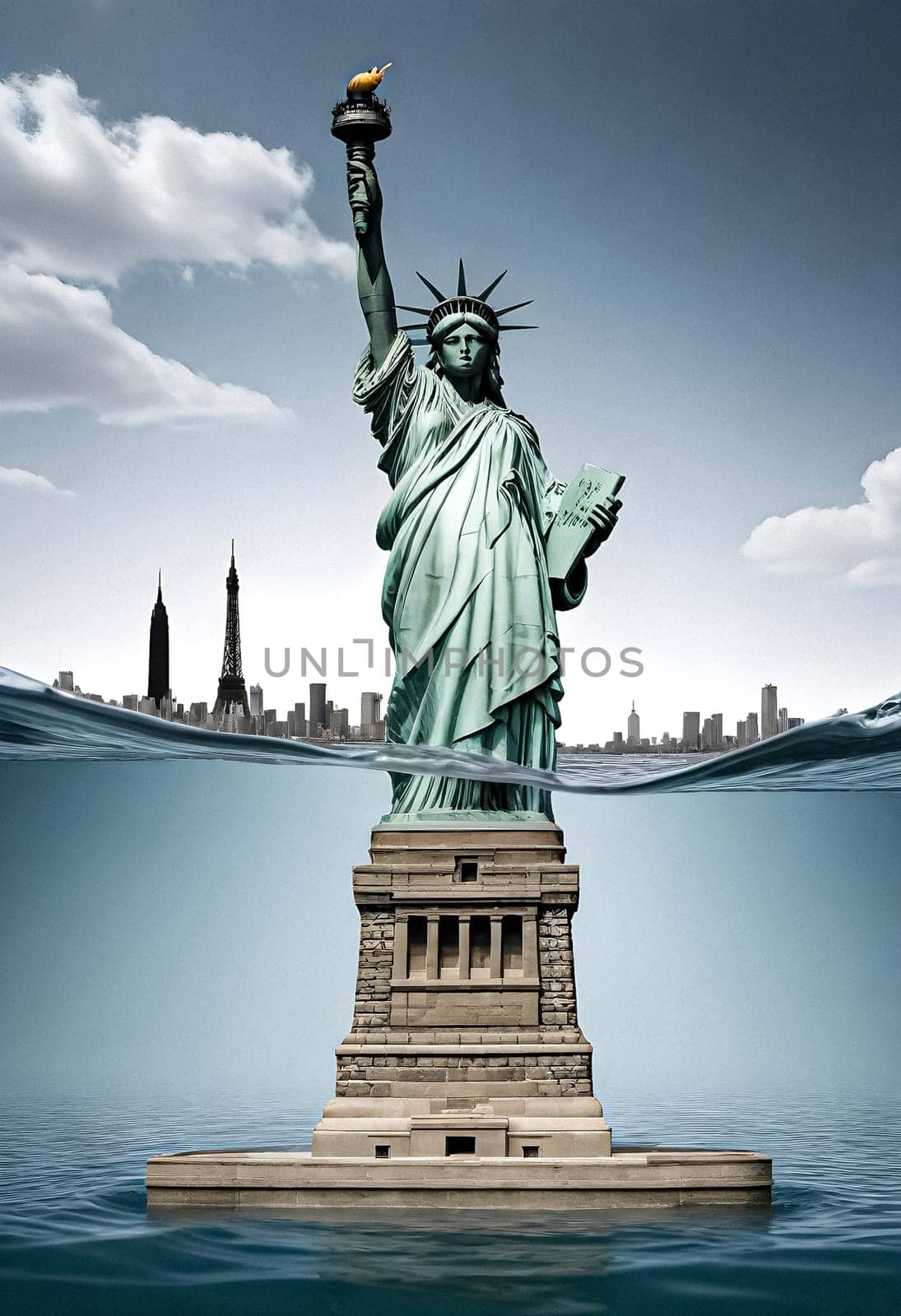 AI generated of a statue of liberty is sinking in the high raised water