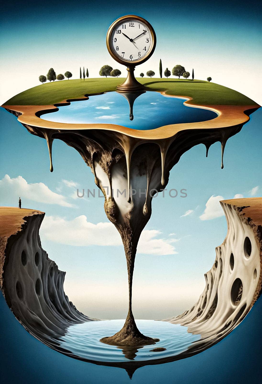 AI generated of a picture of a tree with a blue sky and a small island in the middle, with dripping fluids
