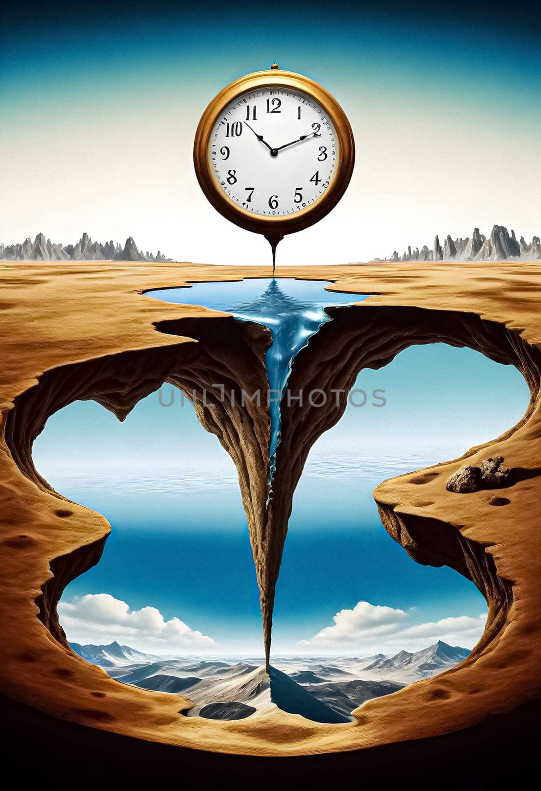 AI generated of photo composition of a clock with the melted ice water dropping global warming concept
