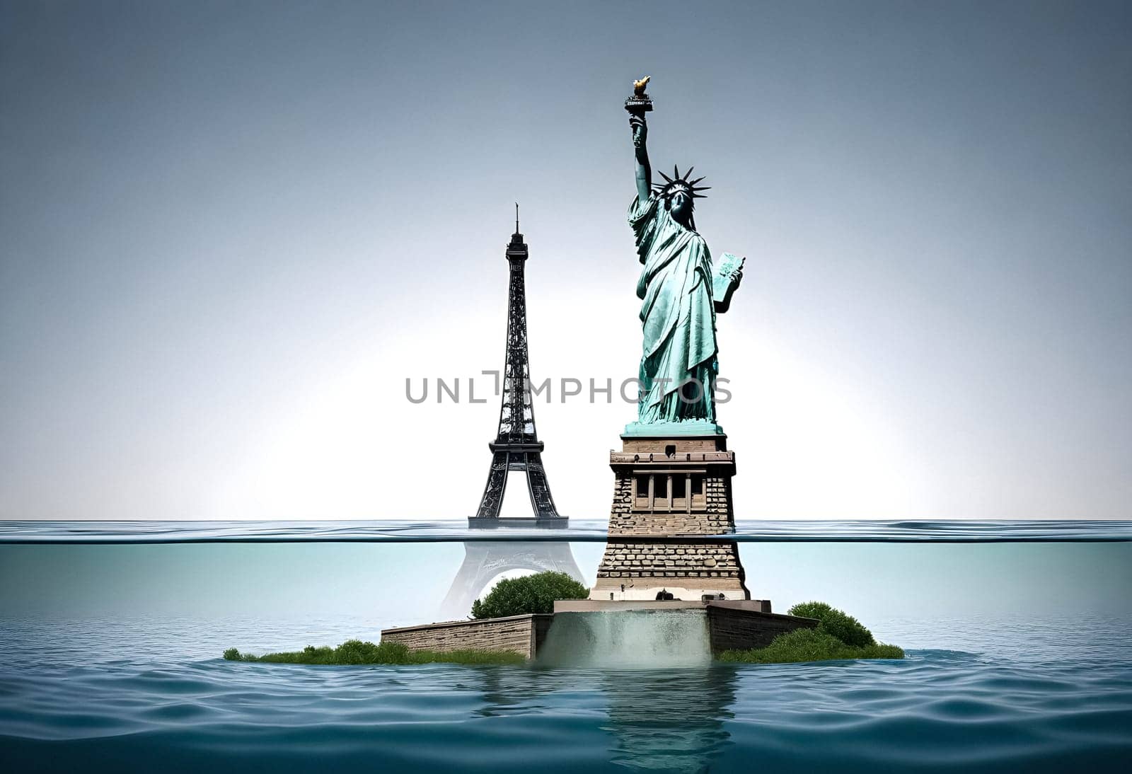 AI generated of the statue of liberty is drowning in the water