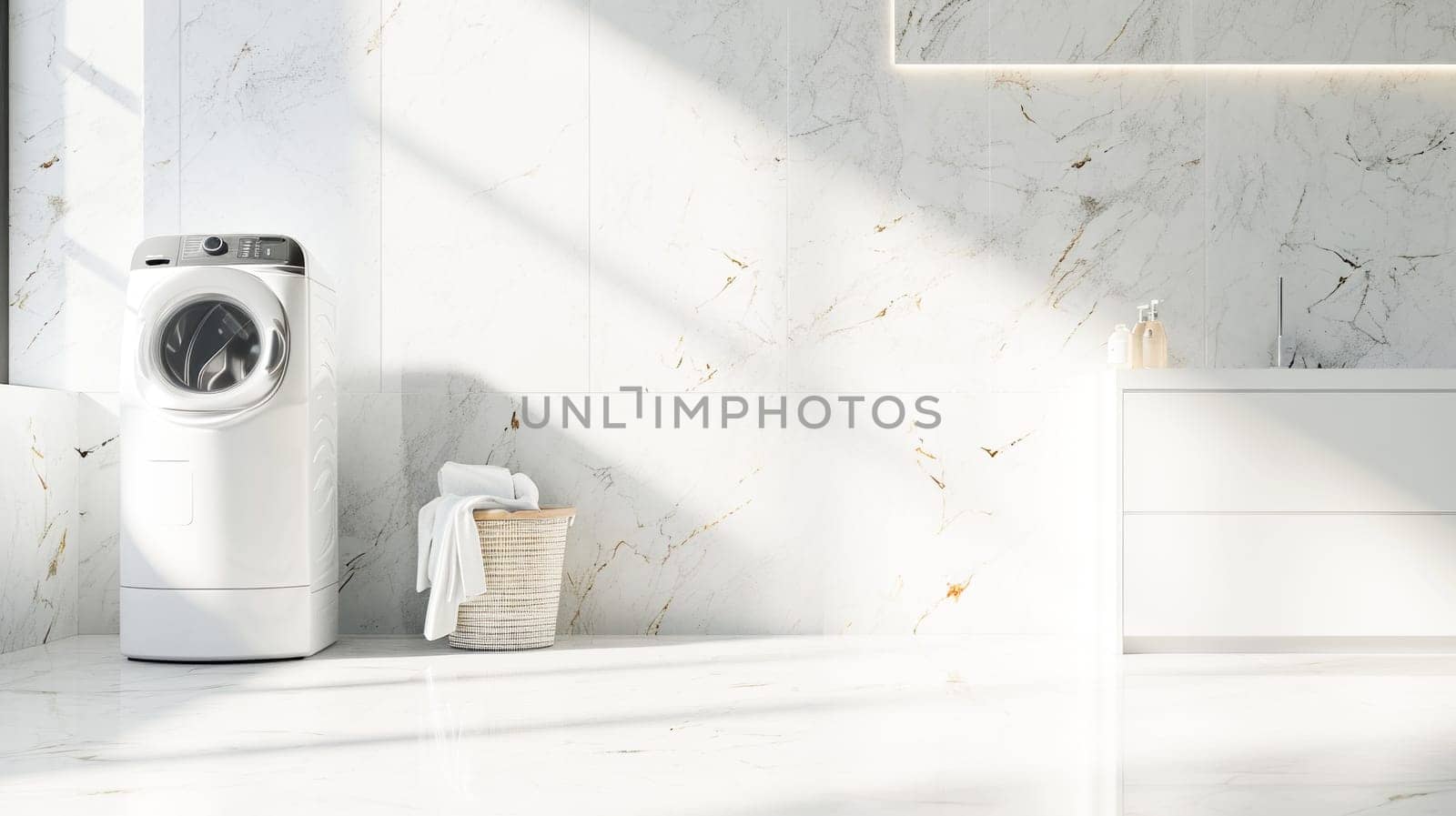 White bathroom with washer and dryer.