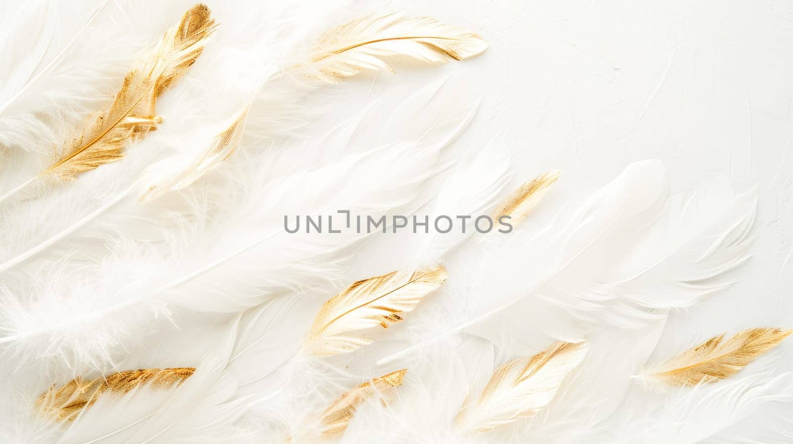 Close-up of a bunch of white feathers with gold accents.abstract background