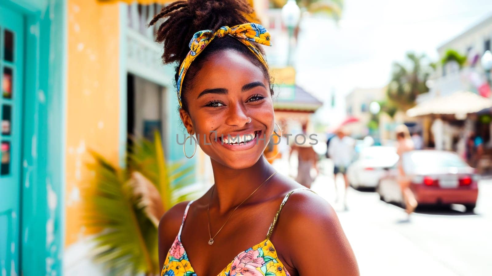 Woman smiling while standing outdoors in colorful dress