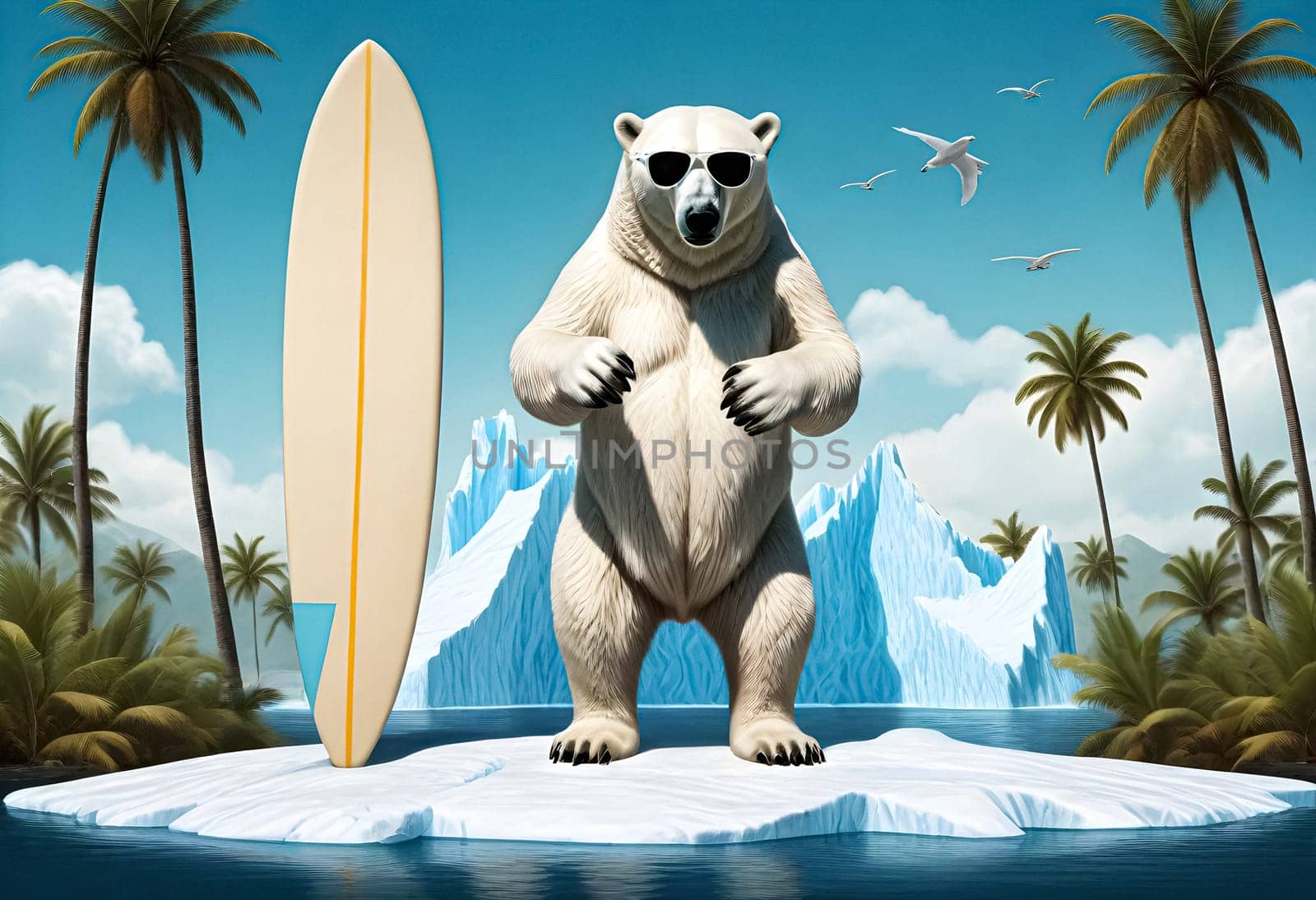 AI generated of a polar bear standing on a piece of ice with a surfboard in the background