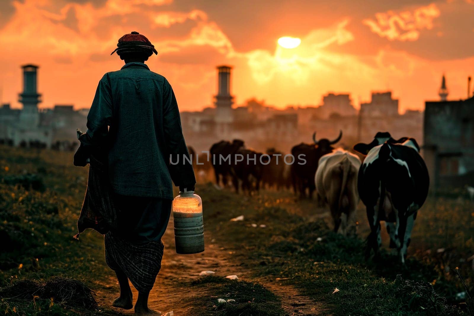 A man walks along a dirt road with a bucket of milk and cows on his back.