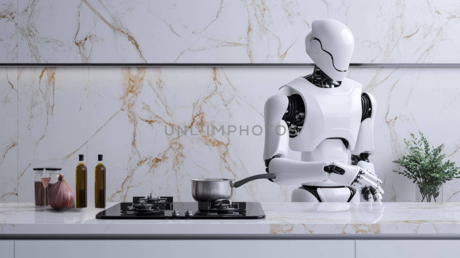 Robot cooking in kitchen with oven and stove