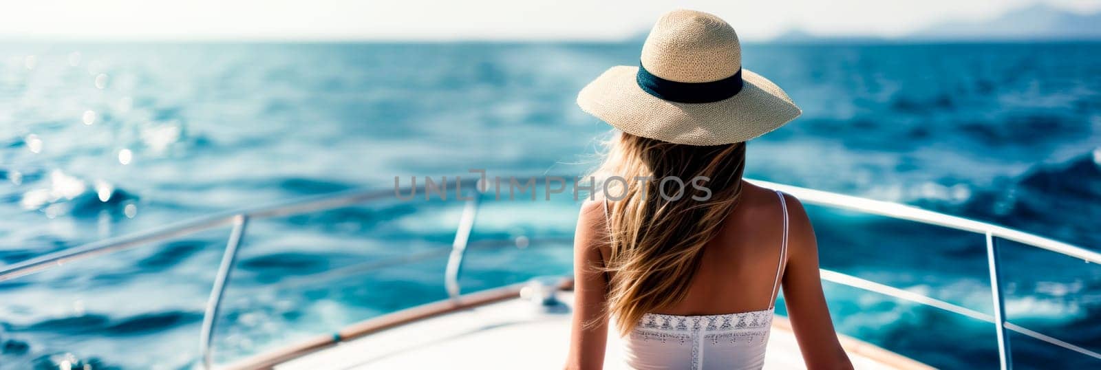 A woman in a white dress and hat on the back of boat
