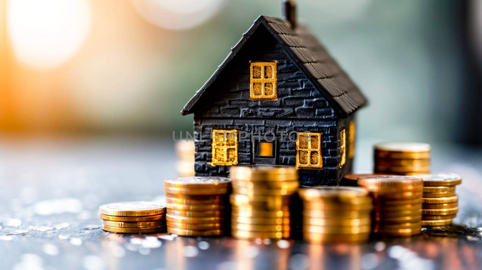 A small house standing on top of a pile of coins,insurance or home buying concept