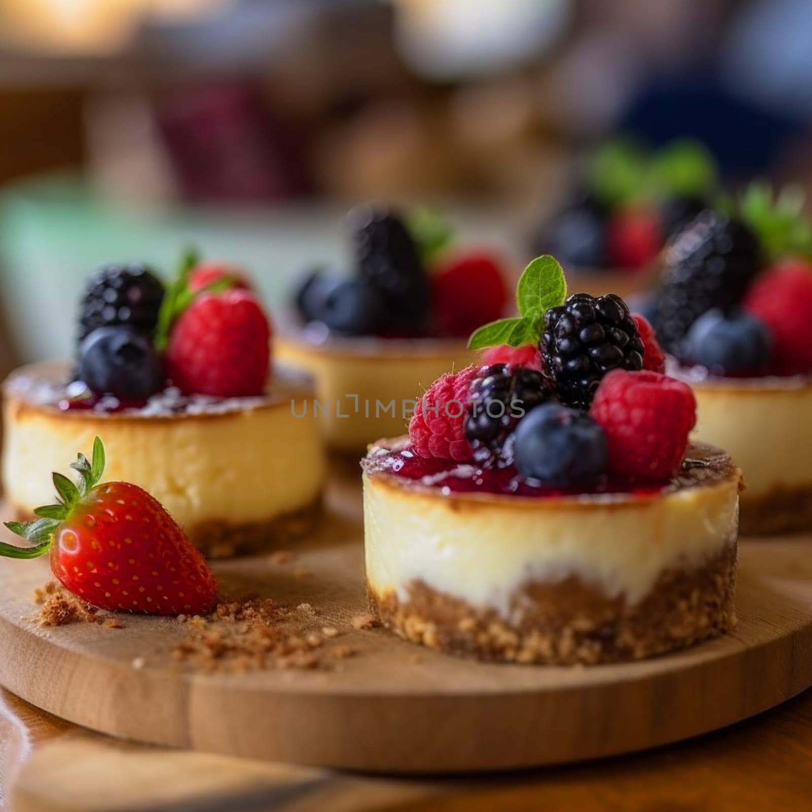 A close up of a wooden board topped with small cakes