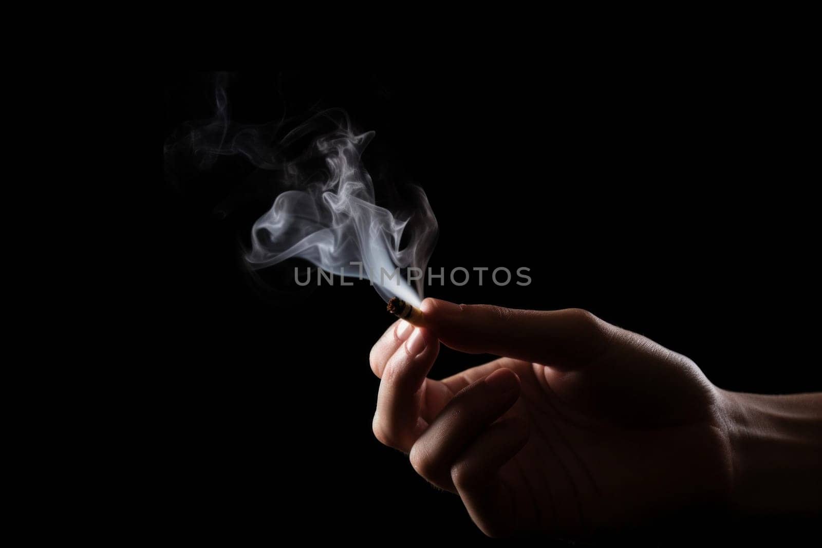A man holds a cigarette in his hand, from which smoke comes out