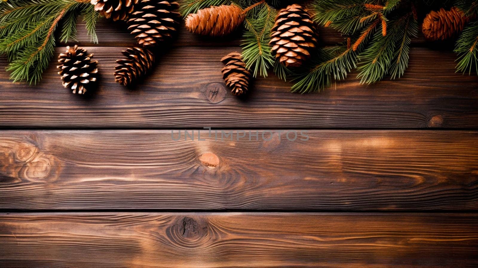 Wooden background with pine cones and evergreen tree branch.copy space