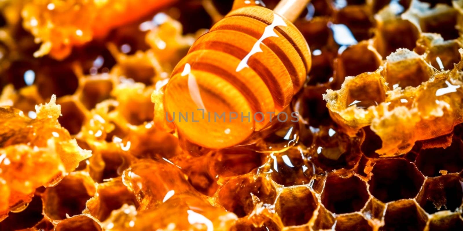 Honey drips from a wooden stick onto beeswax.