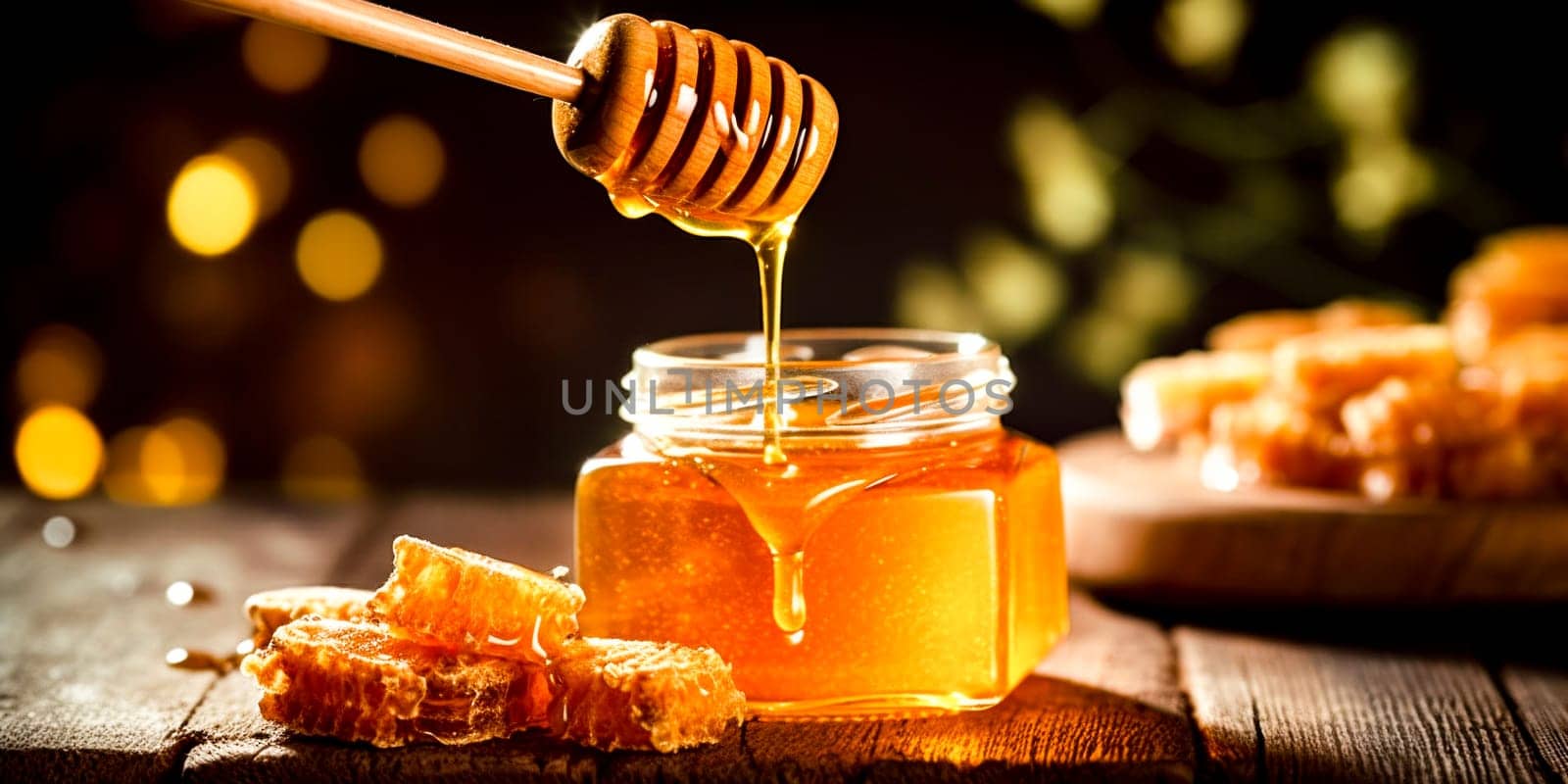 A jar of honey with a wooden stick being drizzled on it, AI